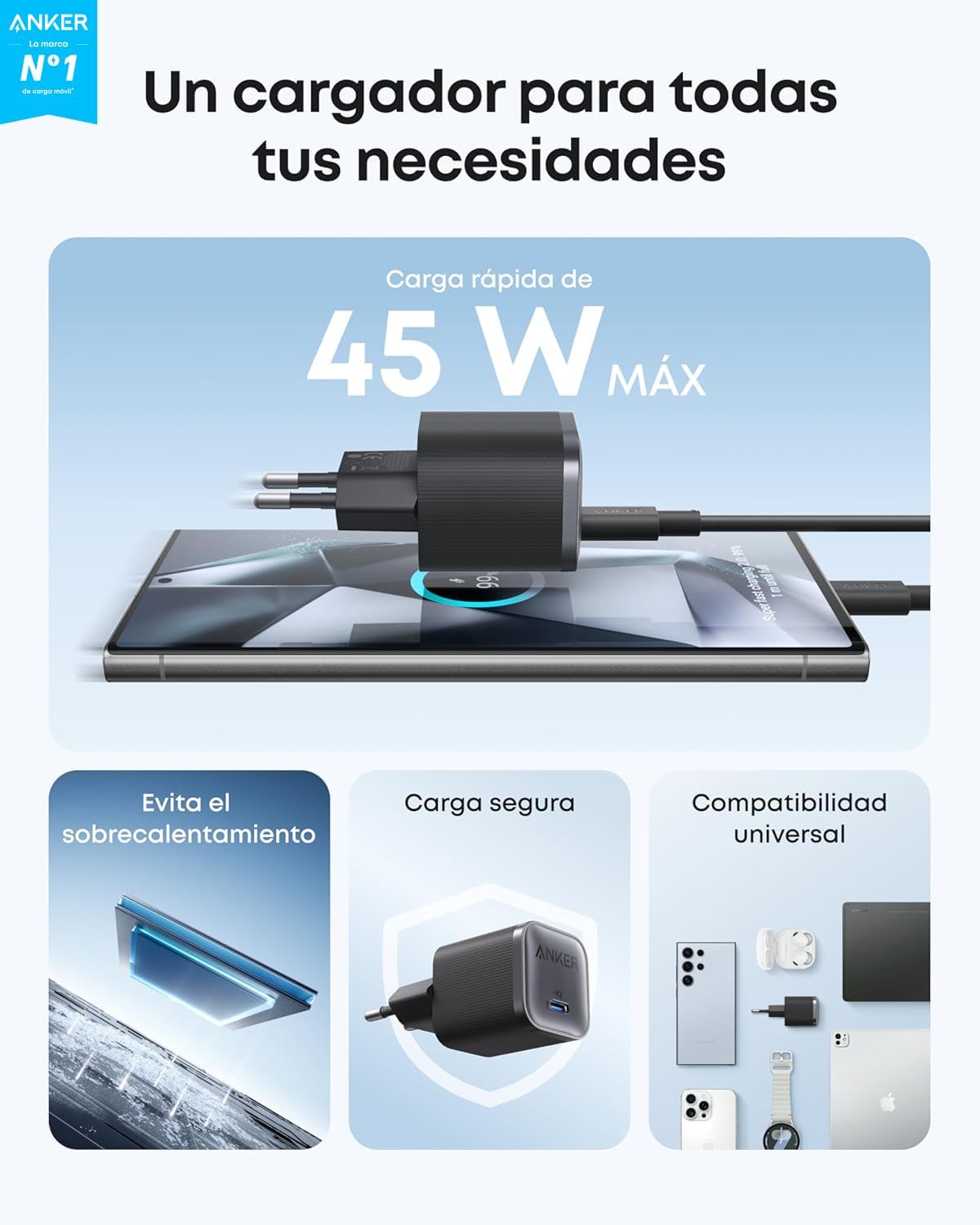 Cargador Anker Nano (45 W, con cable USB-C de 180 cm)
