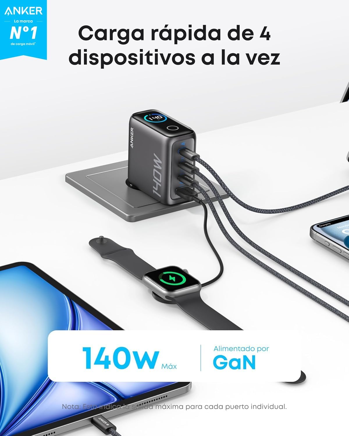 Anker Cargador Carga Rapida USB C 140W con 4 Puertos GAN