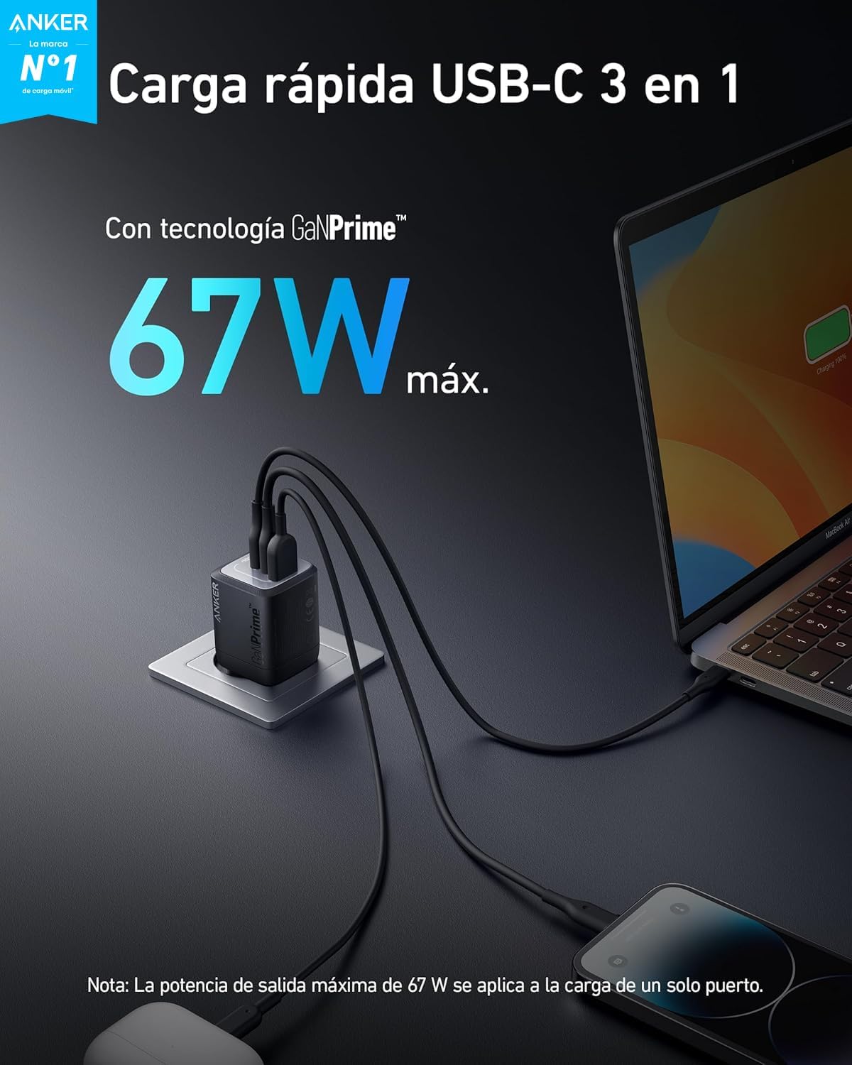 Cargador de pared Anker Prime de 67 W con tecnología GaN (3 puertos)