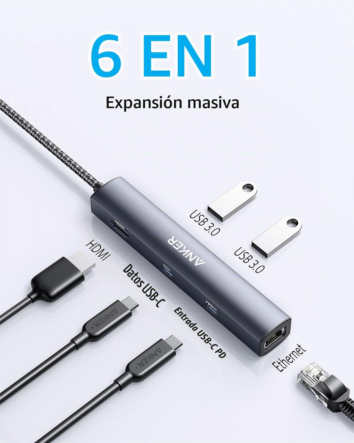 Anker PowerExpand Hub USB C 6 en 1, HDMI 4K, Ethernet 1 Gbps