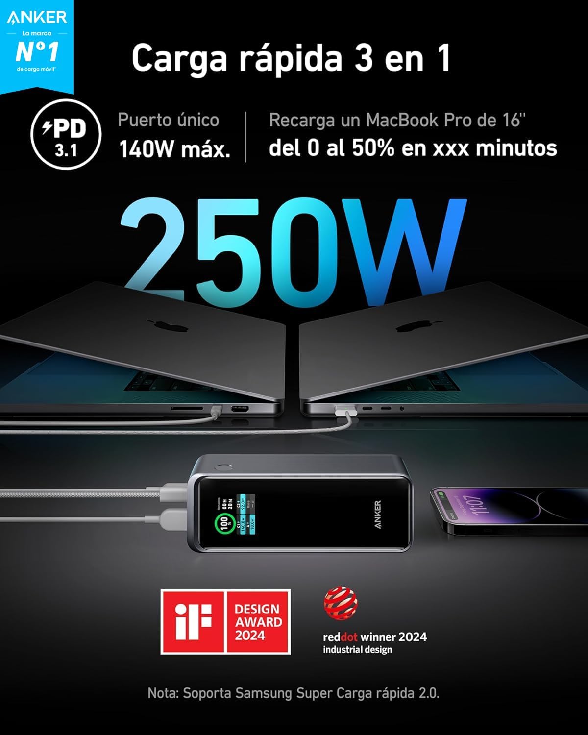 Anker Prime Power Bank Carga Rapida, Cargador Portátil de 27650 mAh (250 W)