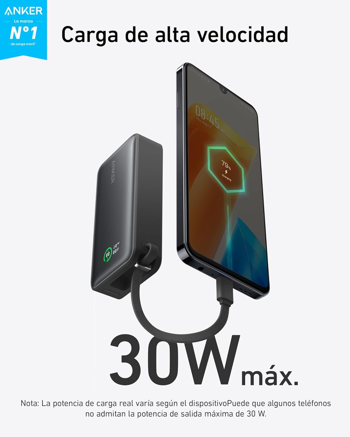 Anker Nano Power Bank 10.000 mAh 30 W con Cable USB C Integrado