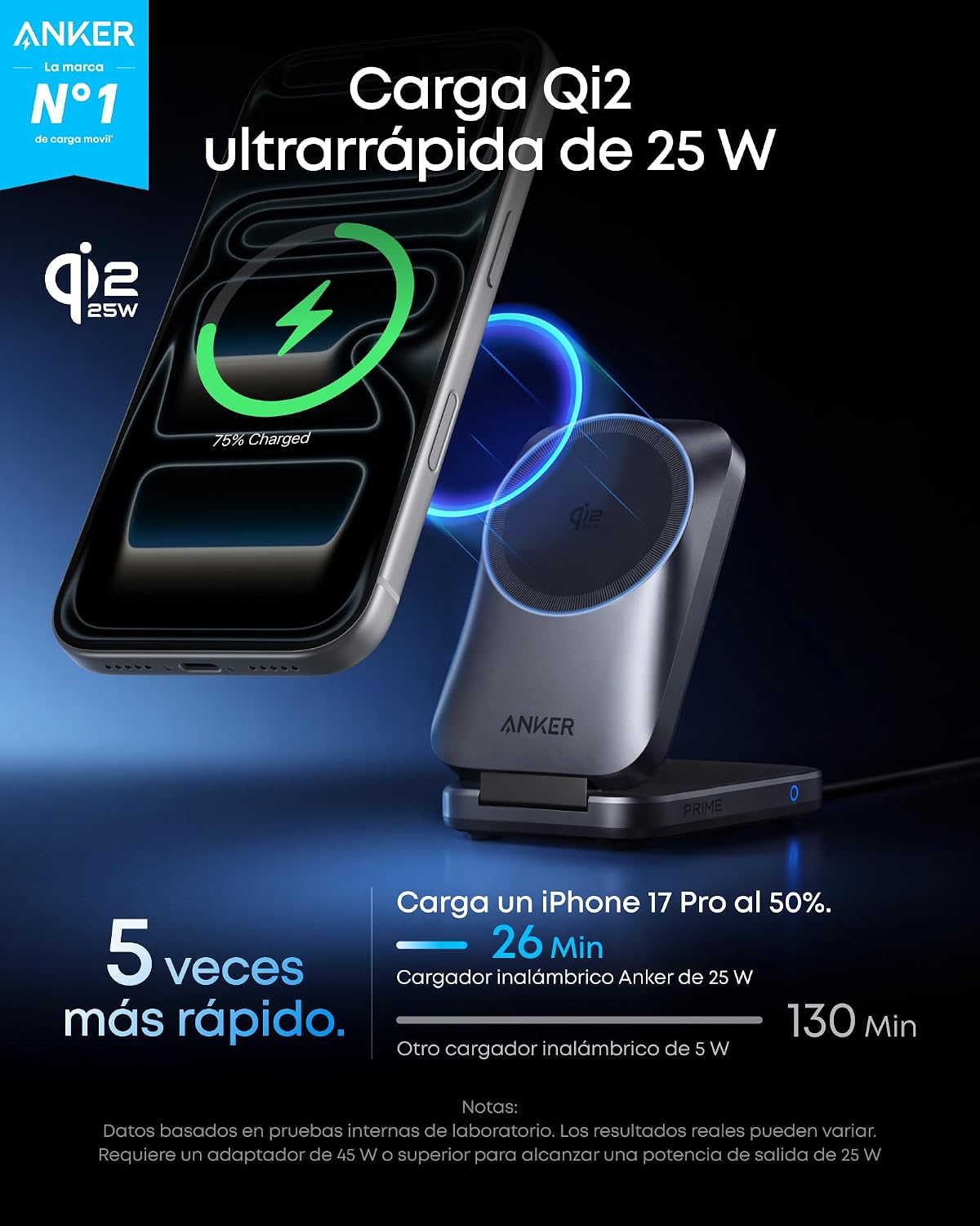 Anker Prime Cargador Inalámbrico iPhone 3 en 1 Plegable Qi2.2 25W, AirCool