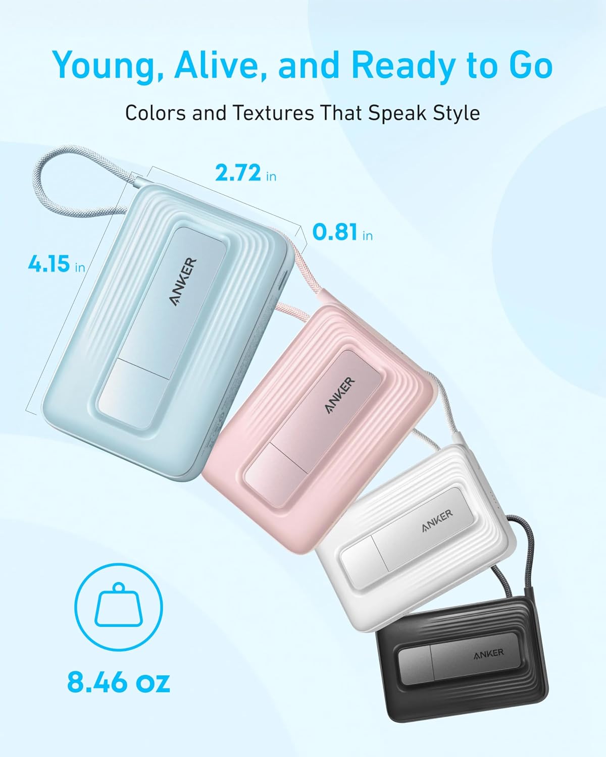 Batería externa Anker Zolo (10 000 mAh, magnética, cable USB-C integrado)
