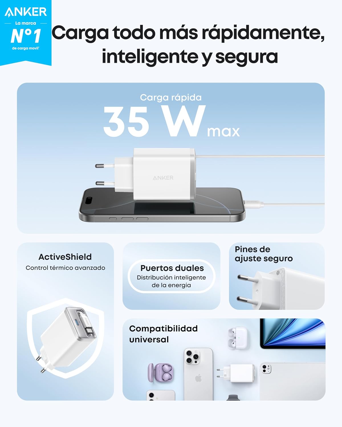Cargador Anker Nano (35 W, cable USB-C retráctil integrado)
