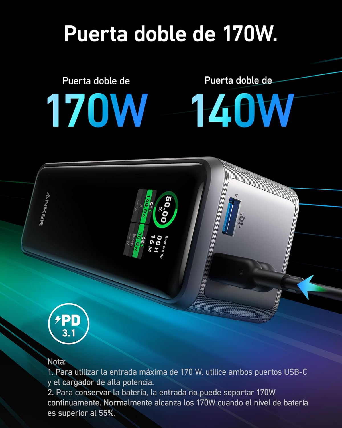 Anker Prime Power Bank Carga Rapida, Cargador Portátil de 27650 mAh (250 W)