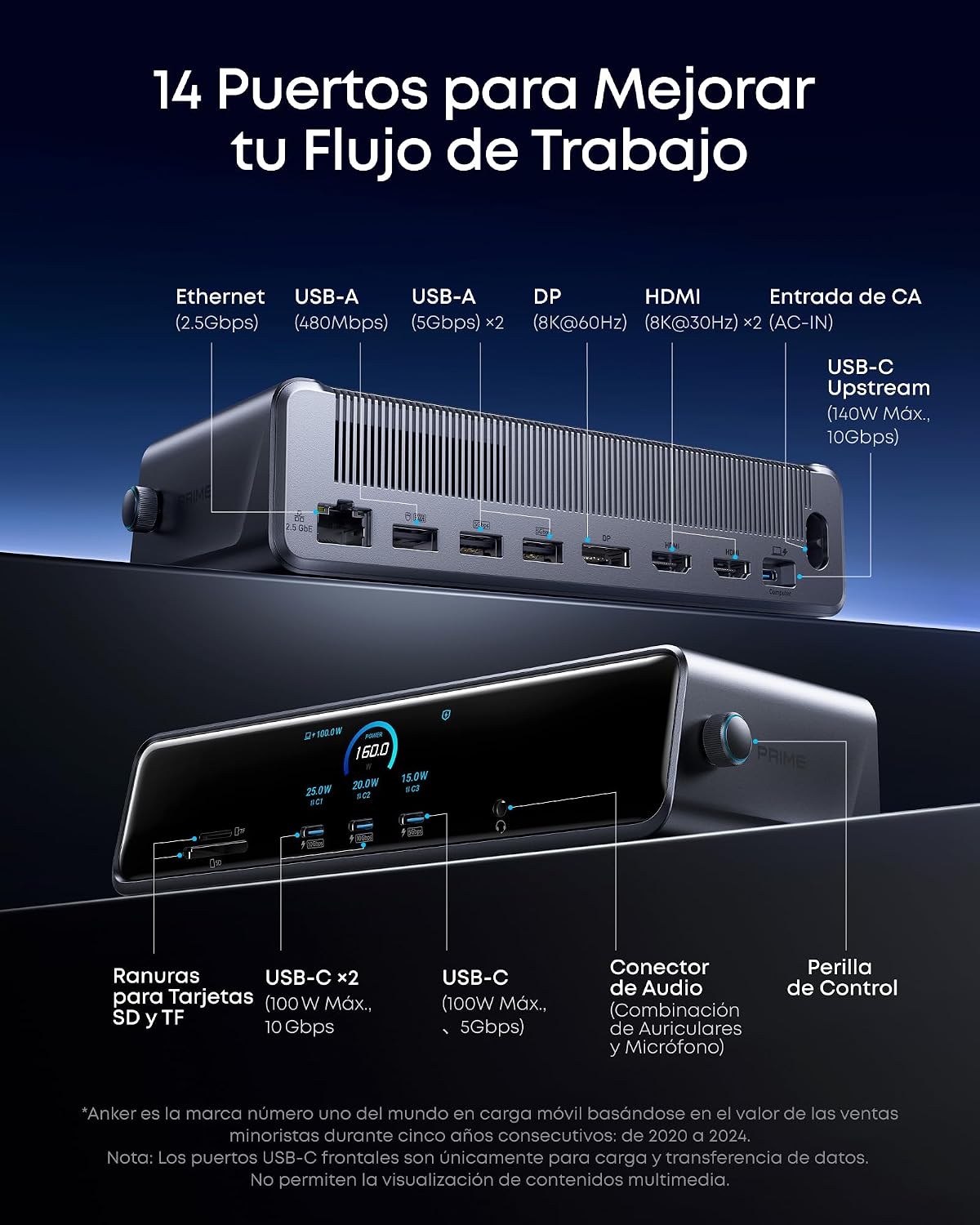 Estación de acoplamiento Anker Prime (14 en 1, triple pantalla, MST)