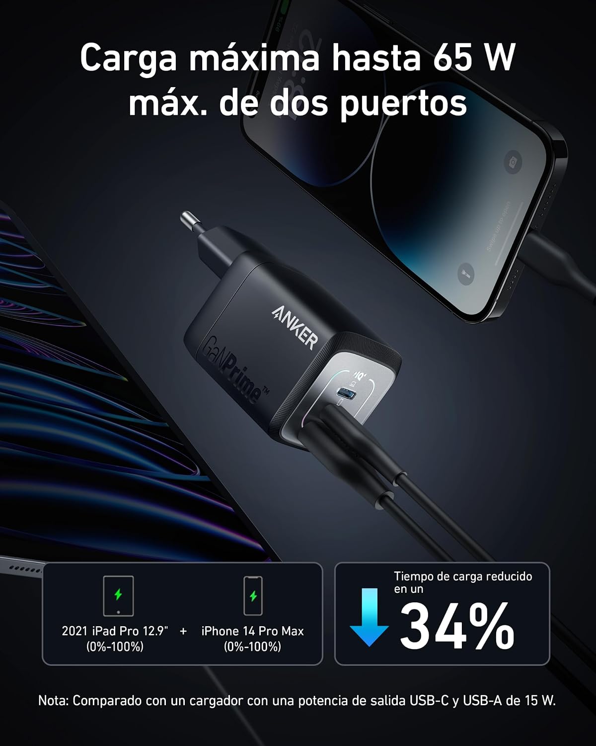 Cargador de pared Anker Prime de 67 W con tecnología GaN (3 puertos)