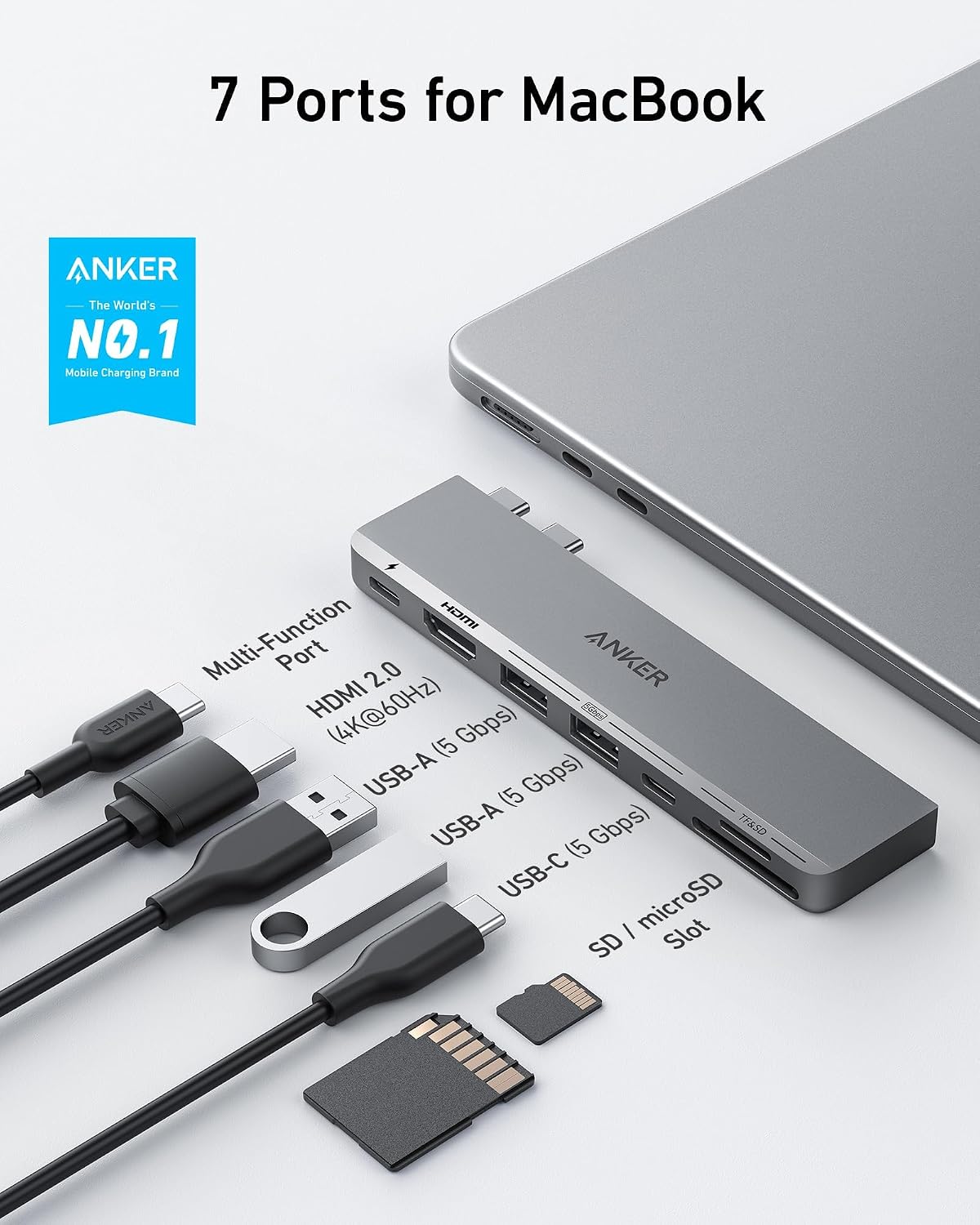 Hub USB-C Anker 547 (7 en 2, para MacBook, en color gris)