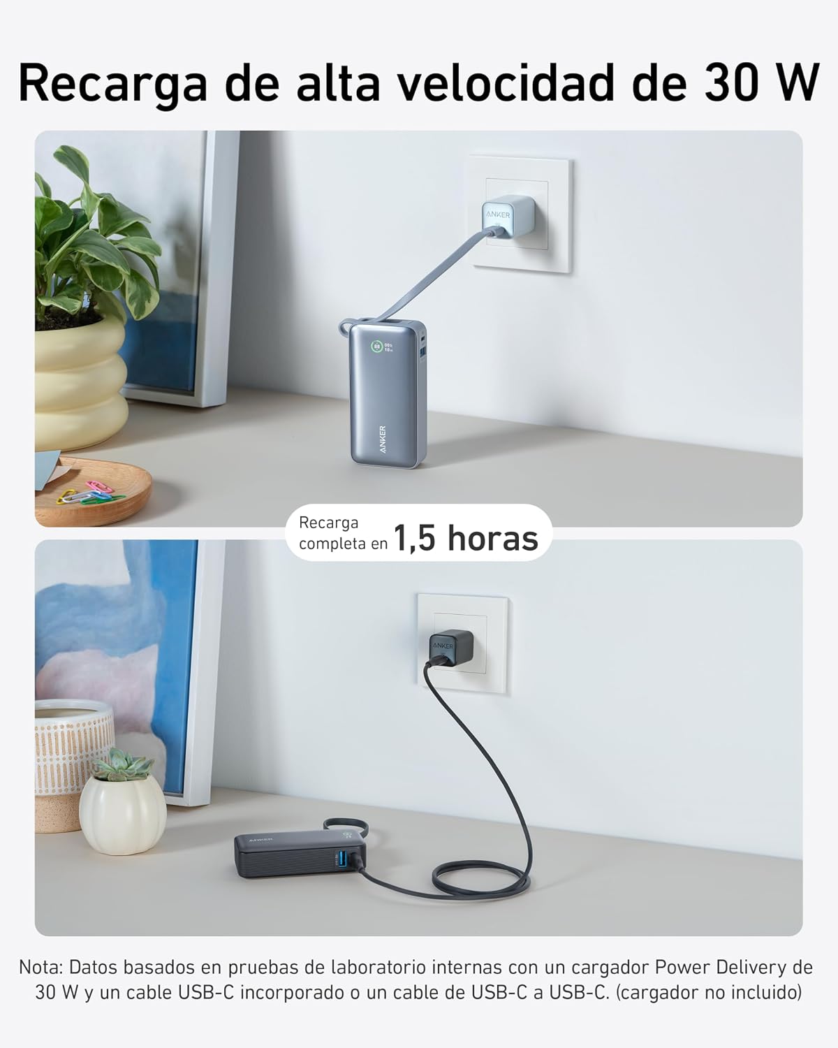 Anker Nano Power Bank 10.000 mAh 30 W con Cable USB C Integrado