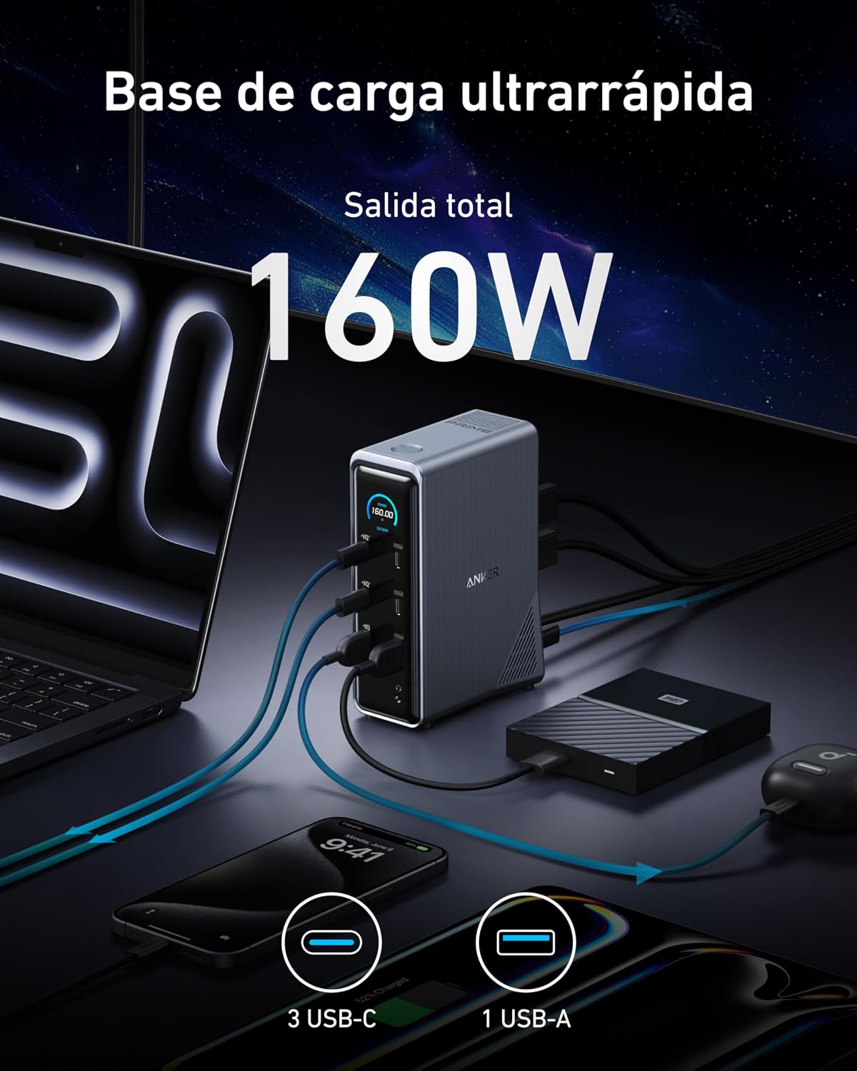 Base de carga Anker Prime (14 en 1, doble pantalla, 160 W)