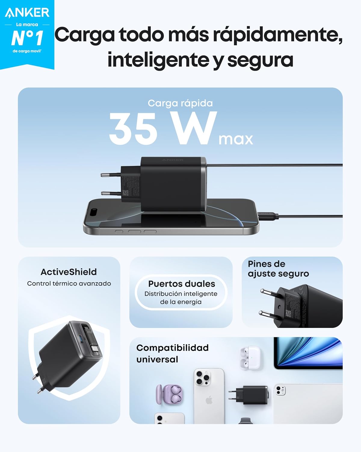 Cargador Anker Nano (35 W, cable USB-C retráctil integrado)