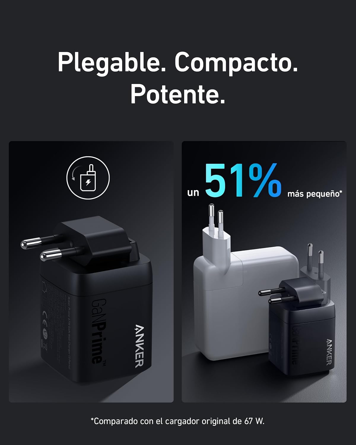Cargador de pared Anker Prime de 67 W con tecnología GaN (3 puertos)