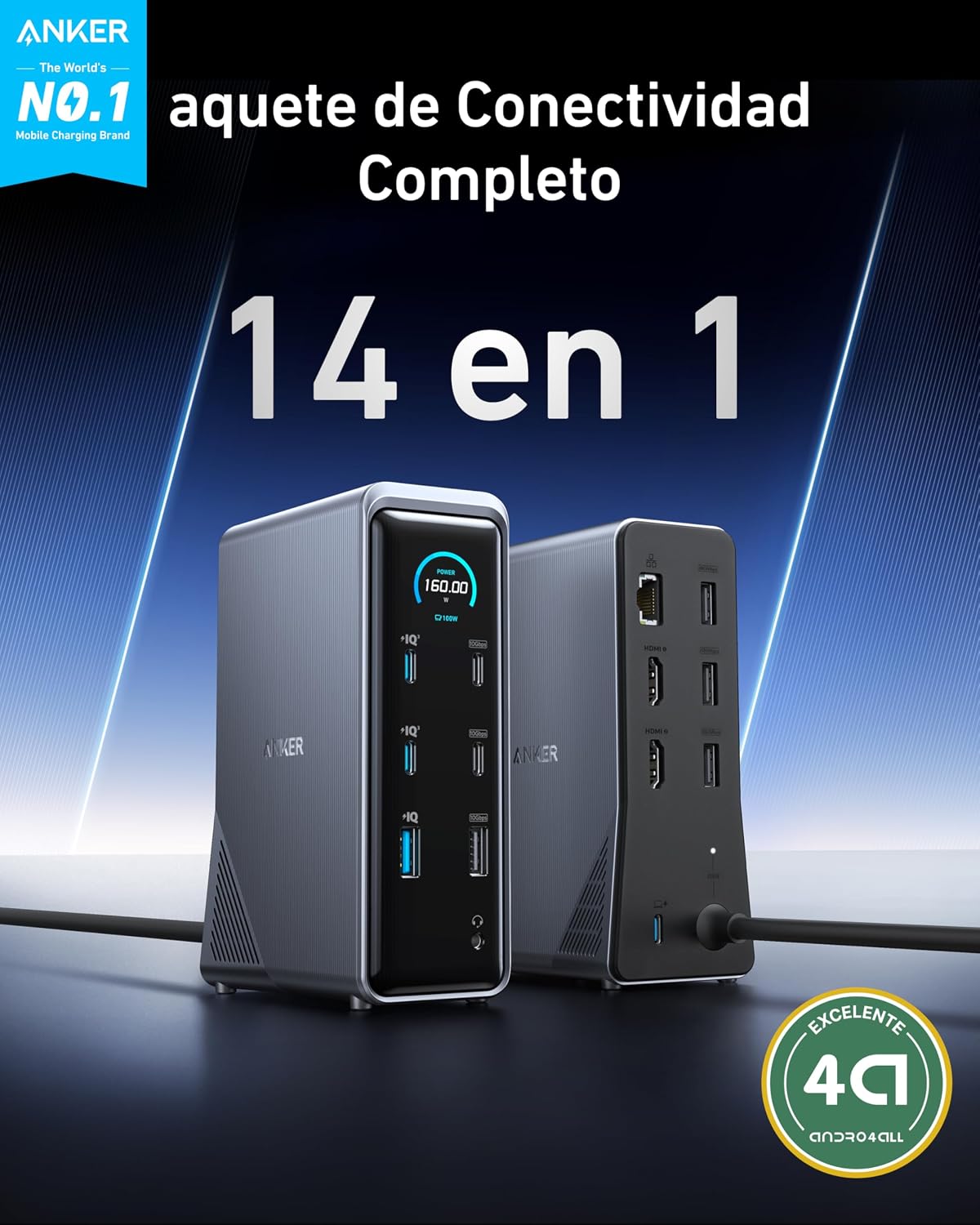 Base de carga Anker Prime (14 en 1, doble pantalla, 160 W)