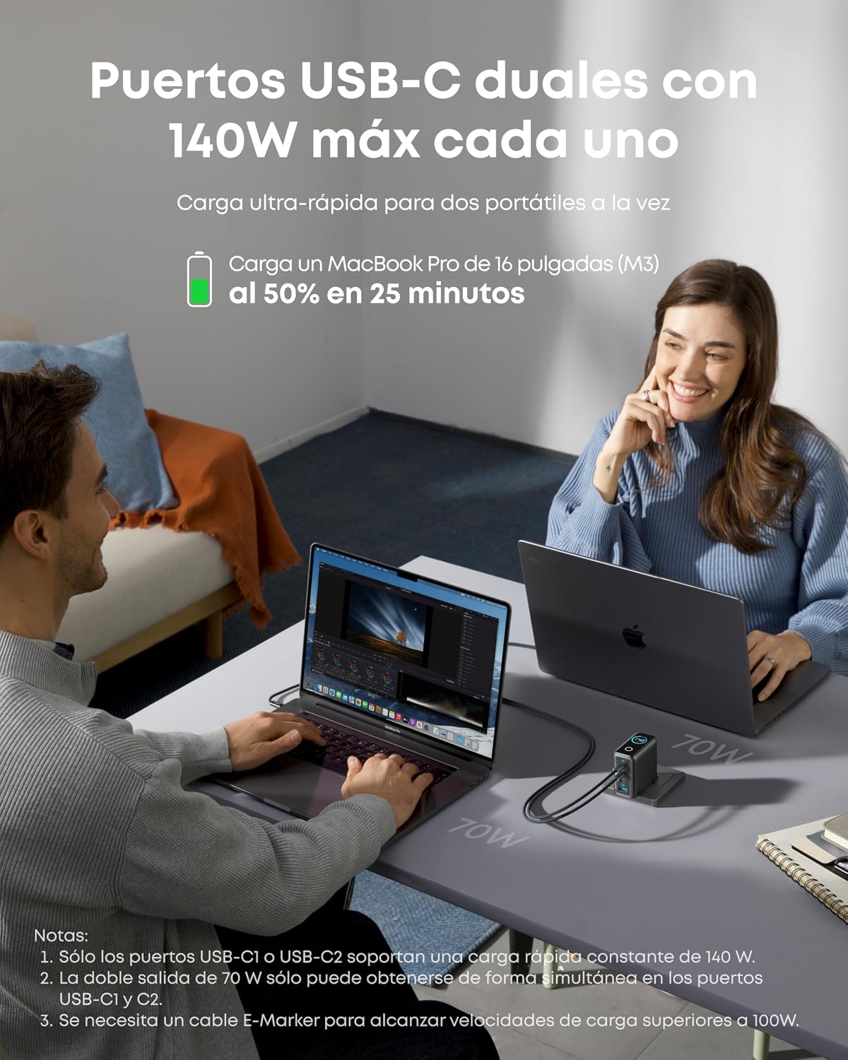 Anker Cargador Carga Rapida USB C 140W con 4 Puertos GAN