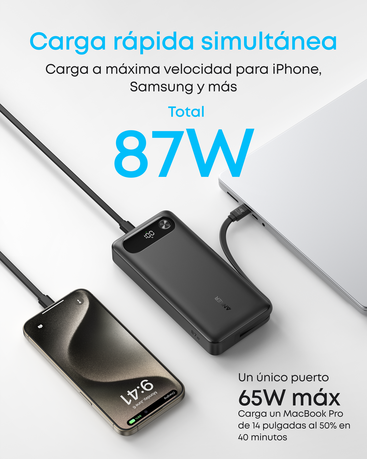 Anker Power Bank 20.000 mAh 87 W con Cable USB C Integrado. Reacondicionado