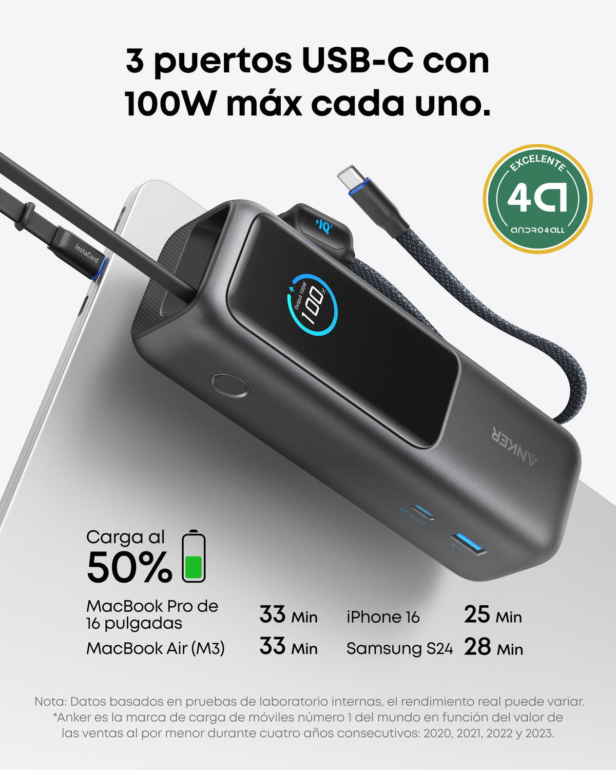 Batería externa Anker (25K, 165W, cable integrado y retráctil)