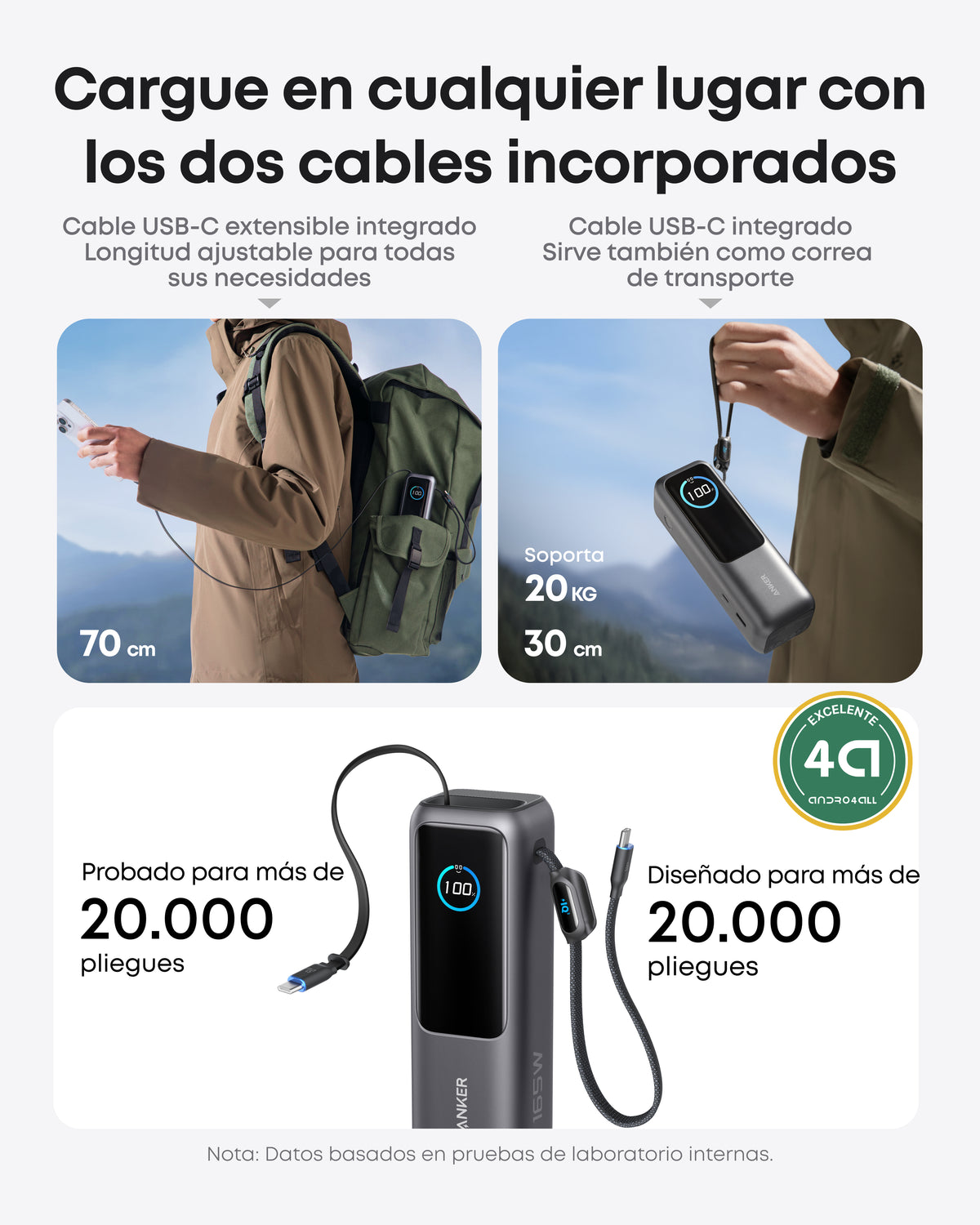 Batería externa Anker (25K, 165W, cable integrado y retráctil)