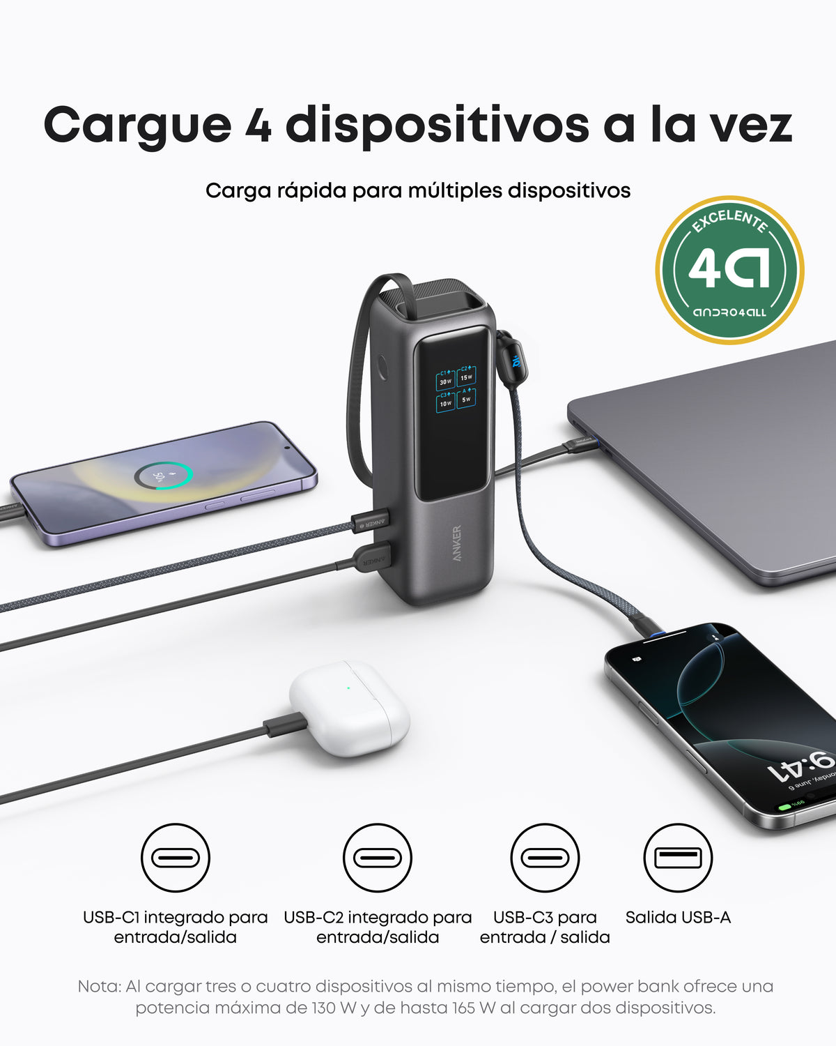 Batería externa Anker (25K, 165W, cable integrado y retráctil)