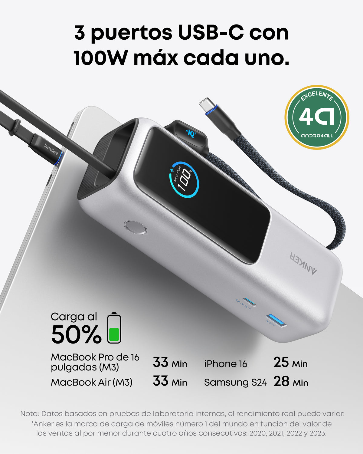 Batería externa Anker (25K, 165W, cable integrado y retráctil)