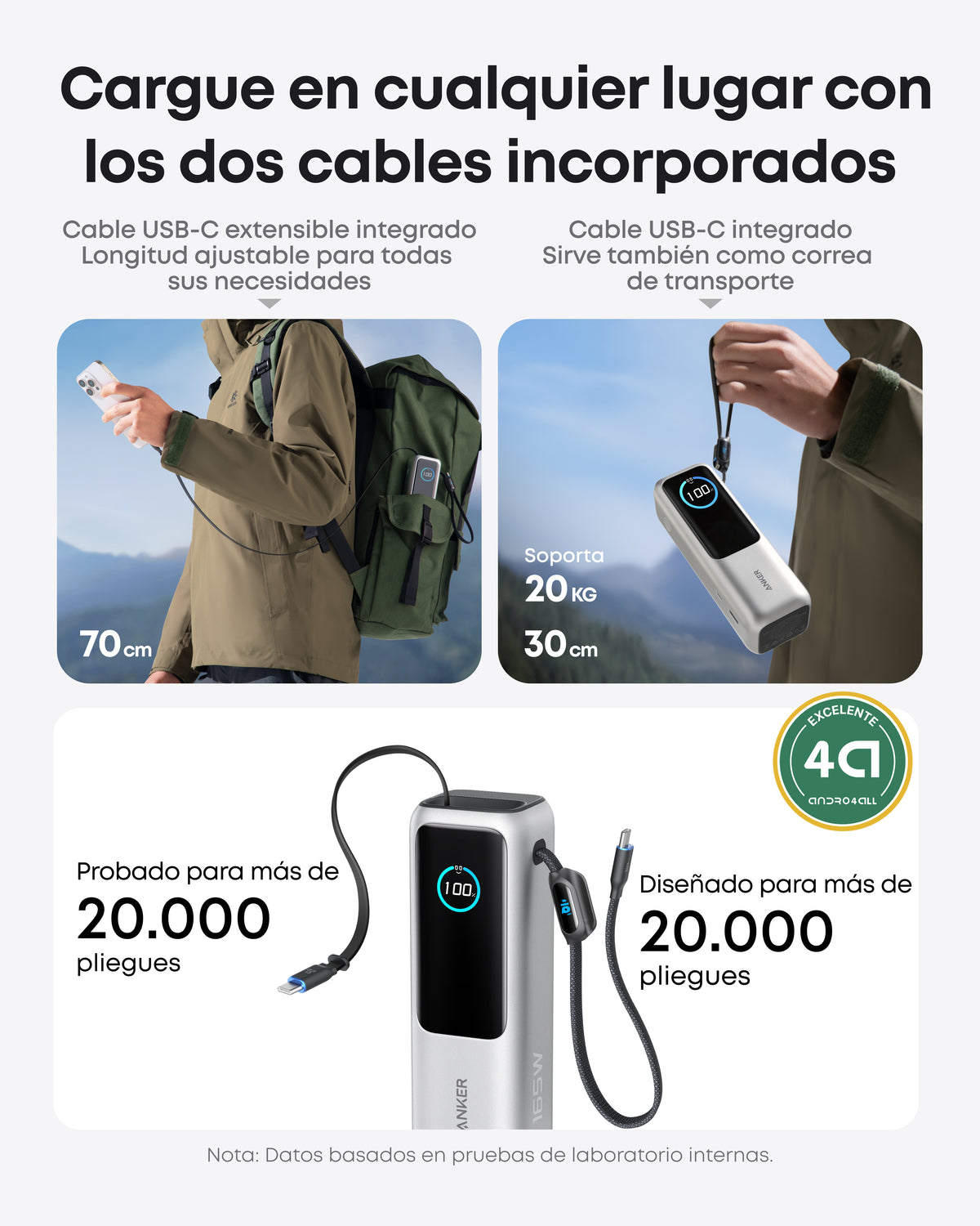 Batería externa Anker (25K, 165W, cable integrado y retráctil)