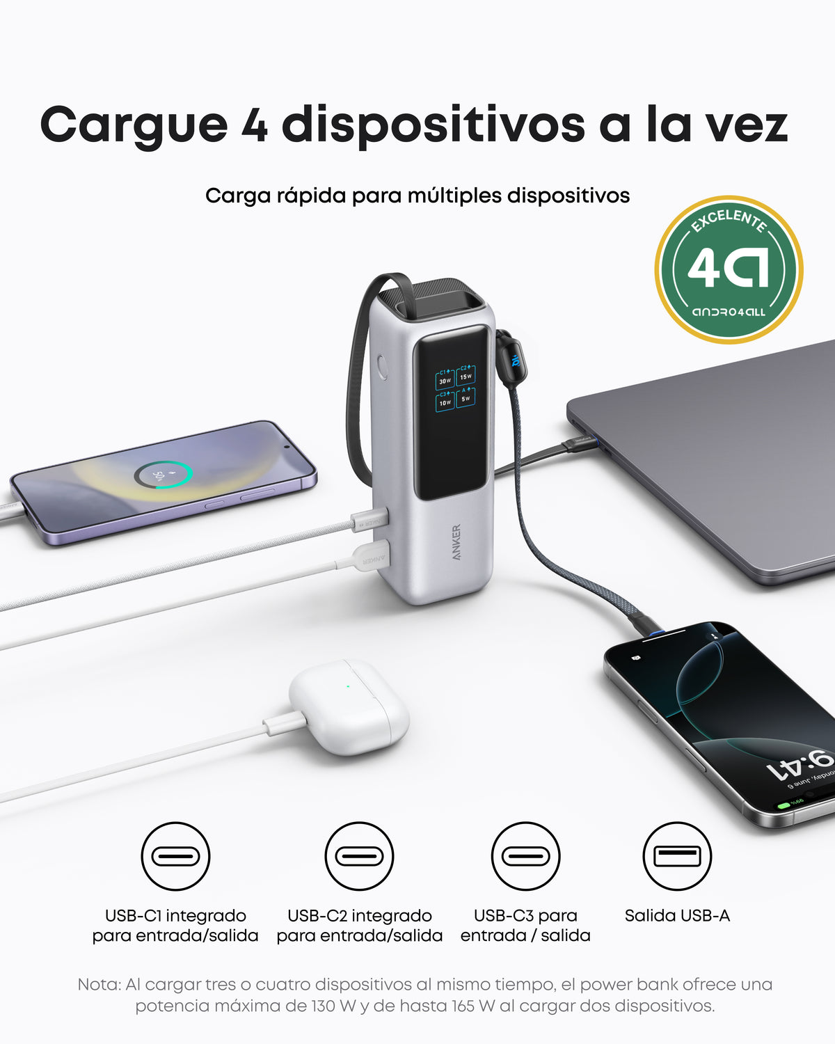 Batería externa Anker (25K, 165W, cable integrado y retráctil)