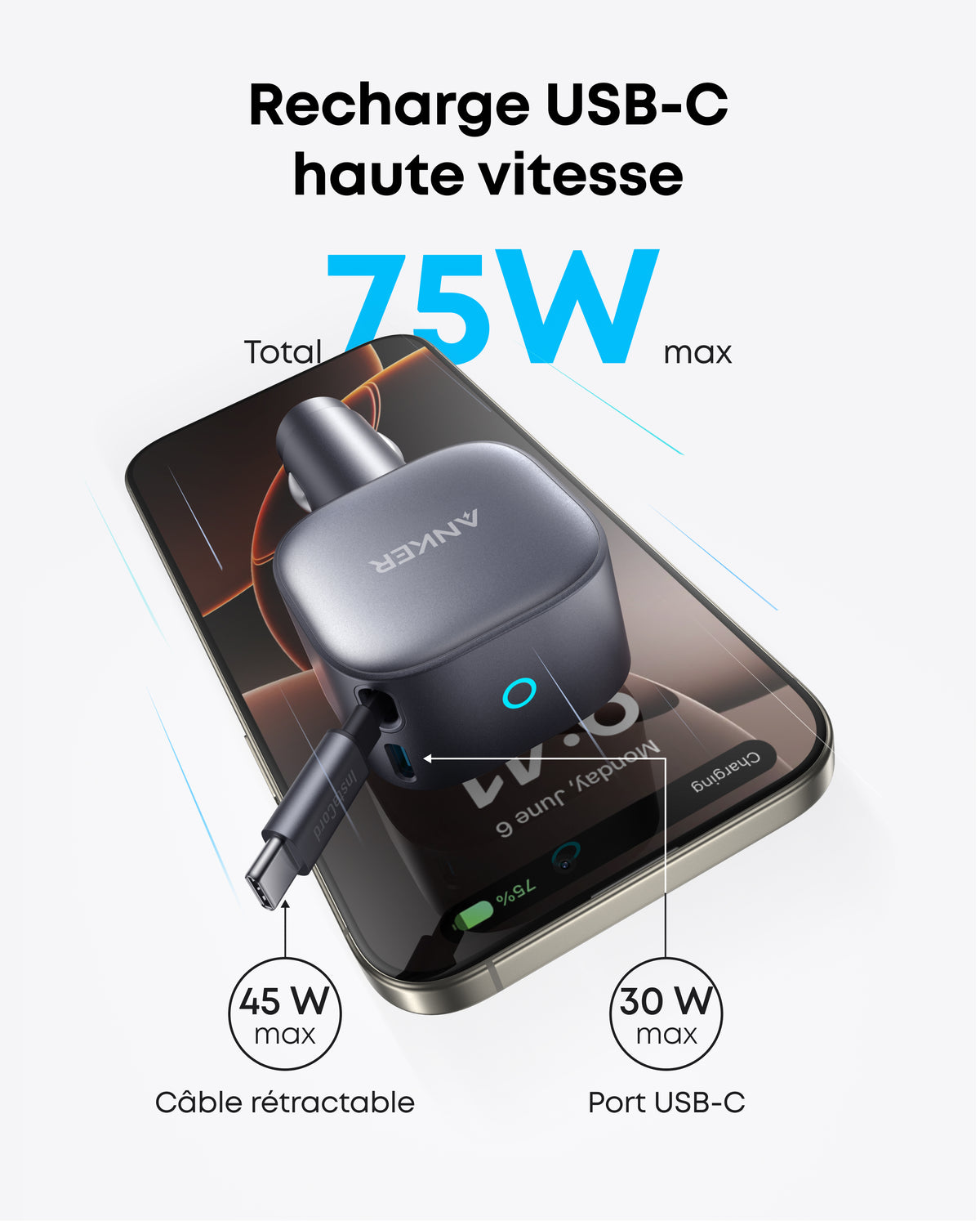 Cargador de coche Anker Nano (75 W, puerto USB-C, cable USB-C retráctil integrado)