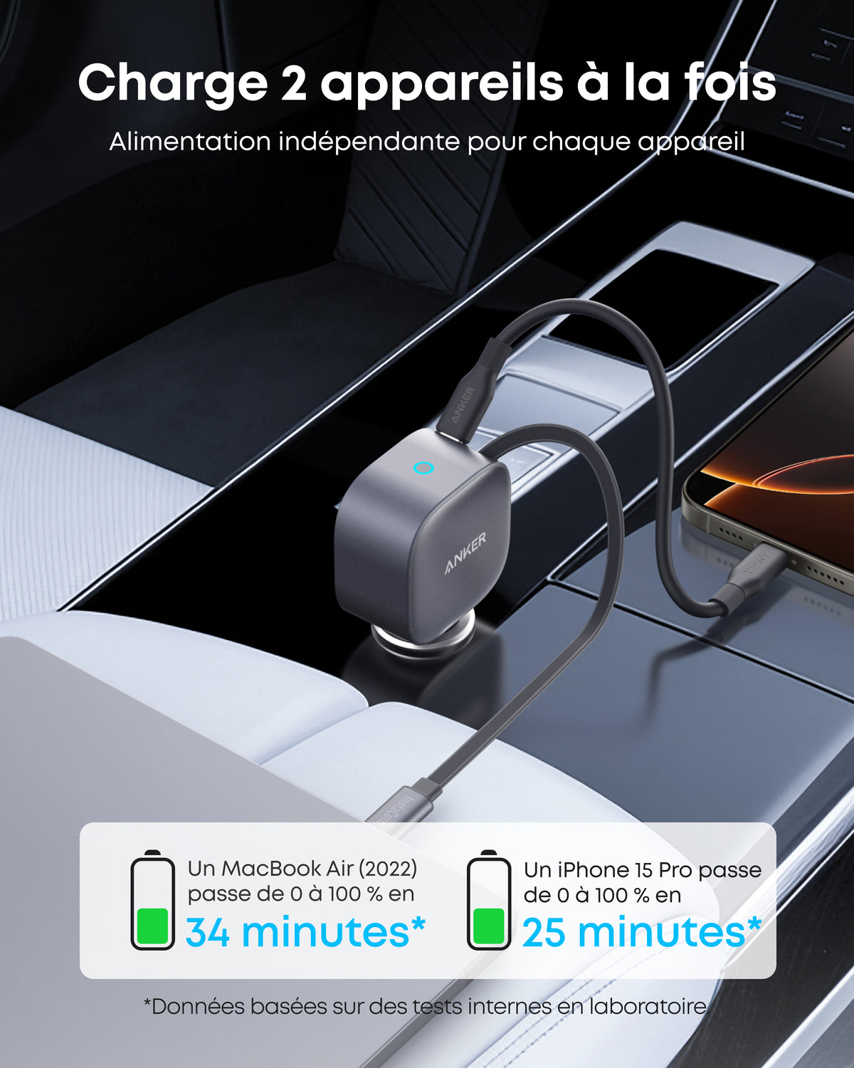 Cargador de coche Anker Nano (75 W, puerto USB-C, cable USB-C retráctil integrado)