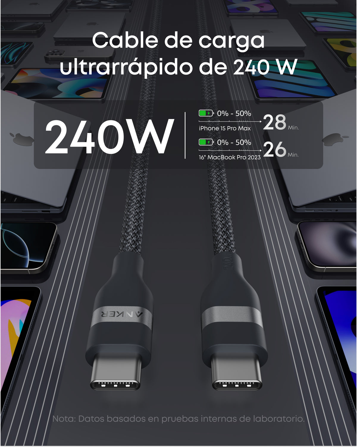 Cable USB-C a USB-C de Anker (90 cm/180 cm, 240 W, trenzado reciclado)