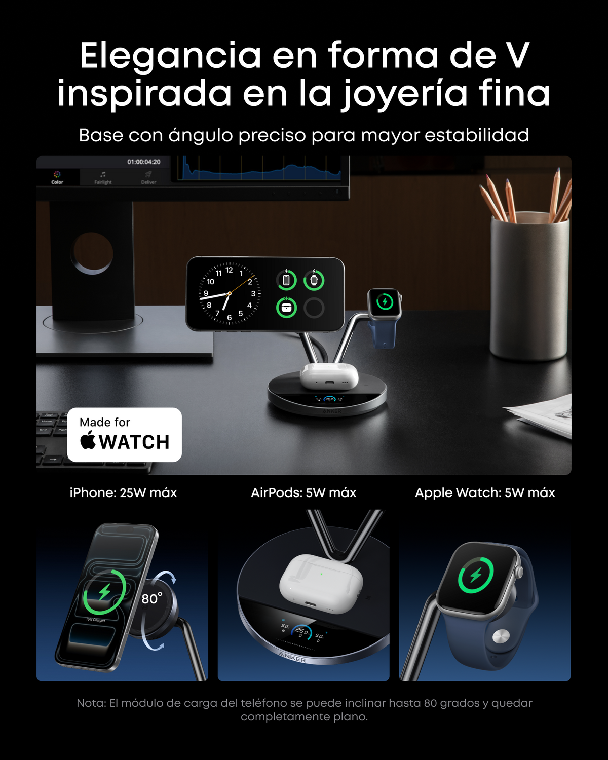Anker Prime Cargador Inalámbrico iPhone 3 en 1 Qi2 25W Pantalla Inteligente