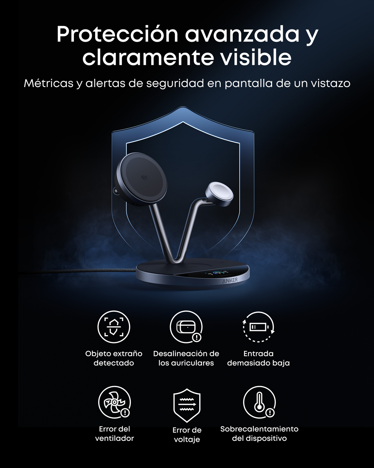 Anker Prime Cargador Inalámbrico iPhone 3 en 1 Qi2 25W Pantalla Inteligente