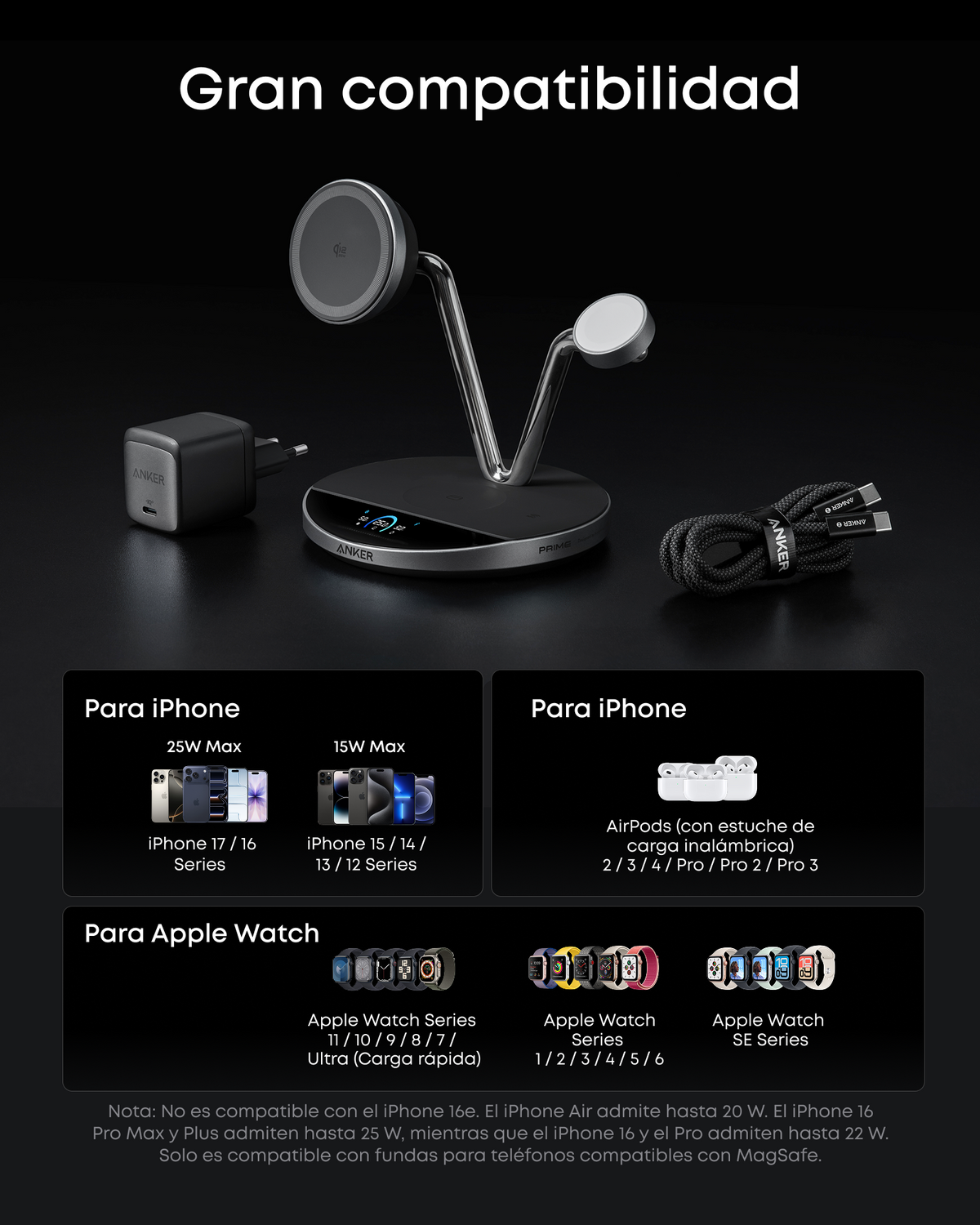 Anker Prime Cargador Inalámbrico iPhone 3 en 1 Qi2 25W Pantalla Inteligente