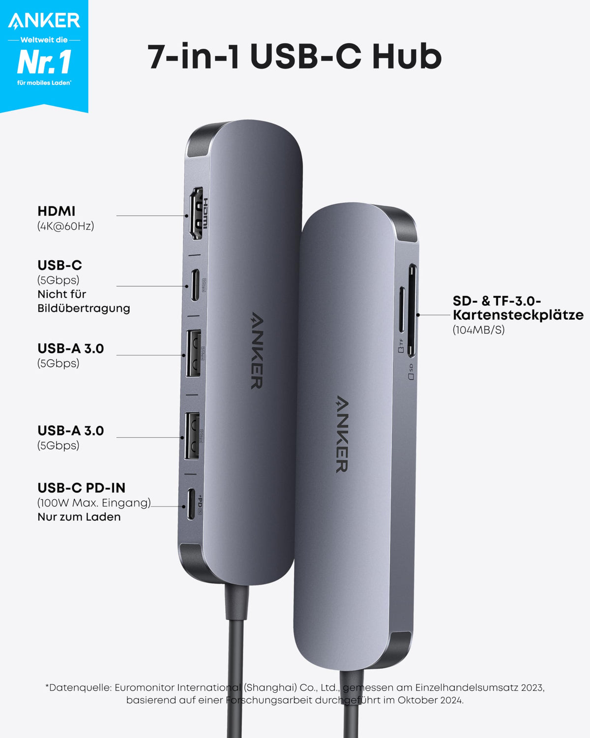 Anker Hub USB C 7 en 1, HDMI 4K 60 Hz, 100 W, SD y TF