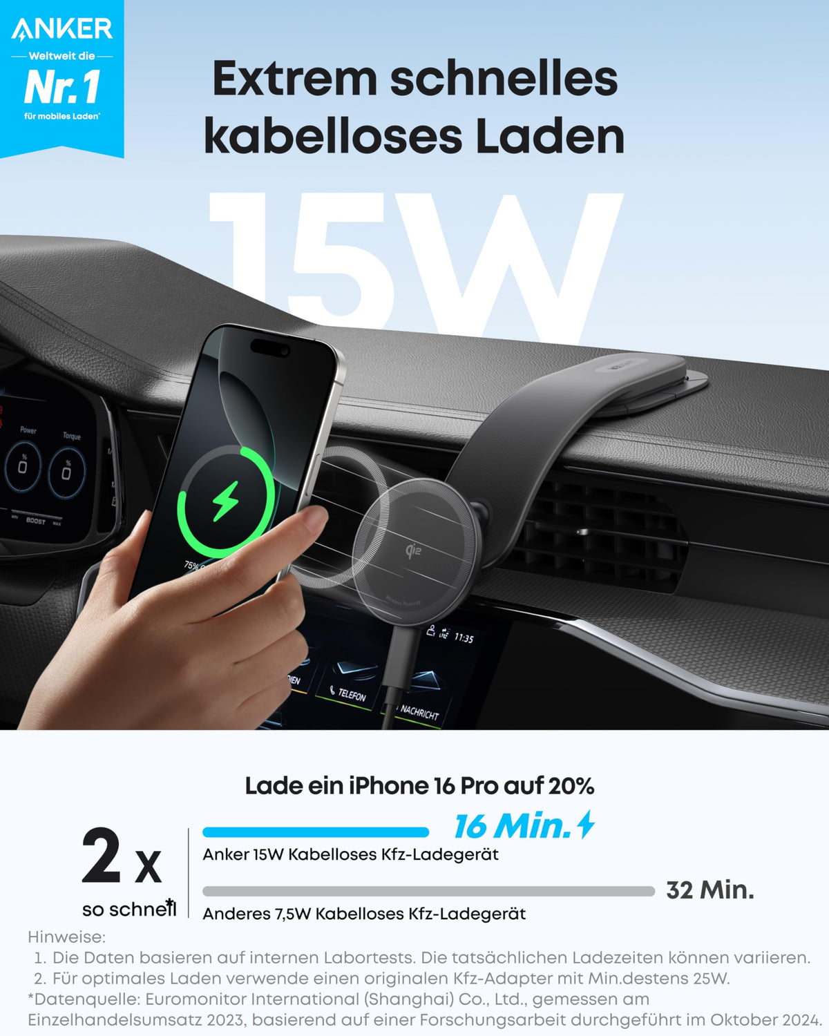 Cargador inalámbrico para coche Anker Nano (magnético, base de carga desmontable)