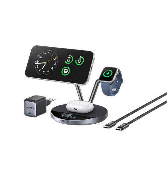 Anker Prime Cargador Inalámbrico iPhone 3 en 1 Qi2 25W Pantalla Inteligente